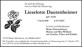 Traueranzeige von Lieselotte Dautenheimer von Trauerportal Rhein Main Presse