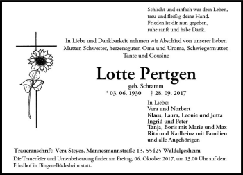 Traueranzeige von Lotte Pertgen von Trauerportal Rhein Main Presse