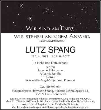 Traueranzeige von Lutz Spang von Trauerportal Rhein Main Presse