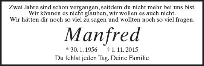  Traueranzeige für Manfred Wohn vom 30.10.2017 aus Trauerportal Rhein Main Presse