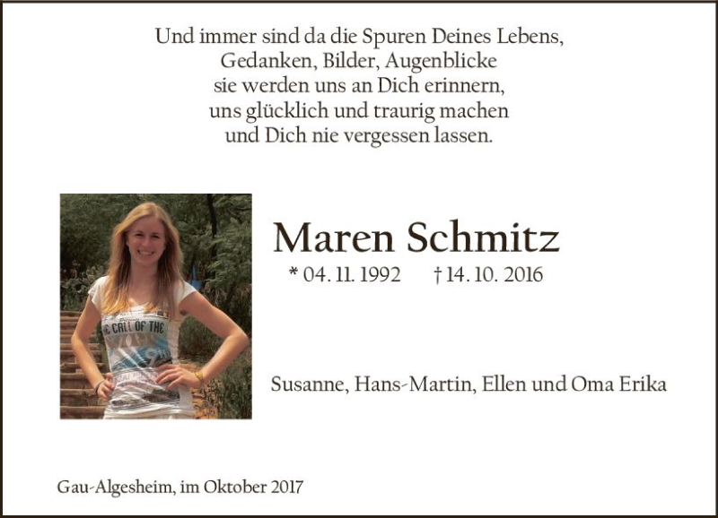  Traueranzeige für Maren Schmitz vom 14.10.2017 aus Trauerportal Rhein Main Presse