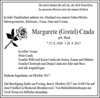 Traueranzeige von Margarete Gretel Czada von Trauerportal Echo Online