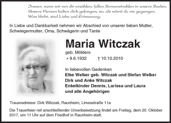 Traueranzeige von Maria Witczak von Trauerportal Rhein Main Presse