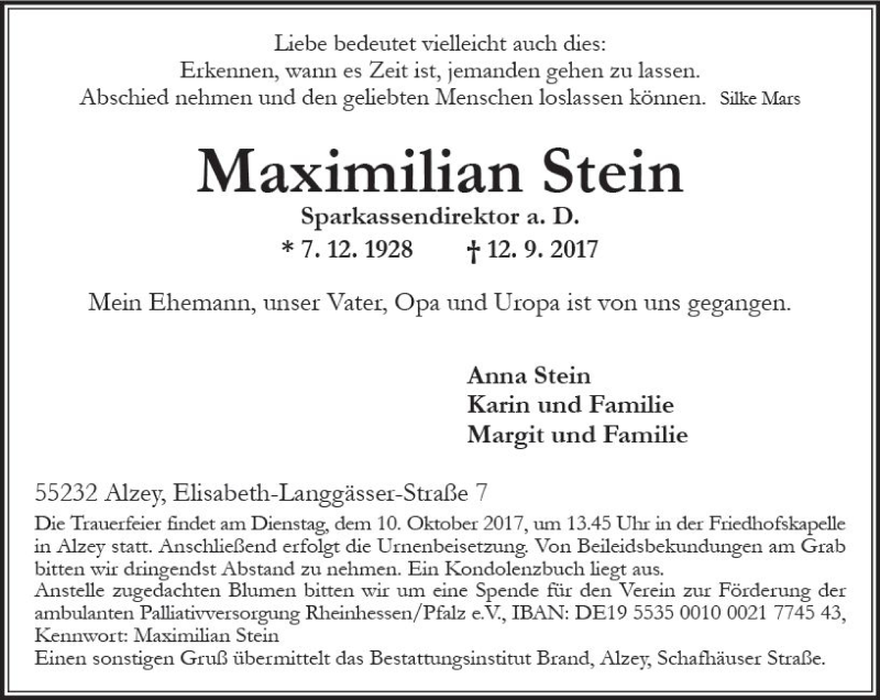  Traueranzeige für Maximilian Stein vom 06.10.2017 aus Trauerportal Rhein Main Presse
