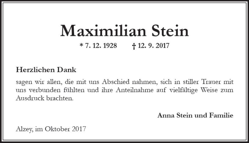  Traueranzeige für Maximilian Stein vom 28.10.2017 aus Trauerportal Rhein Main Presse