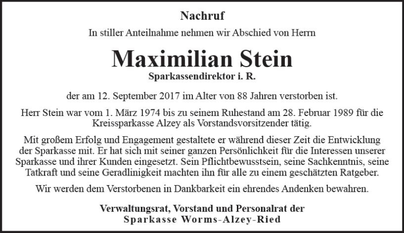  Traueranzeige für Maximilian Stein vom 06.10.2017 aus Trauerportal Rhein Main Presse