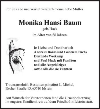 Traueranzeige von Monika Hansi Baum von Trauerportal Rhein Main Presse