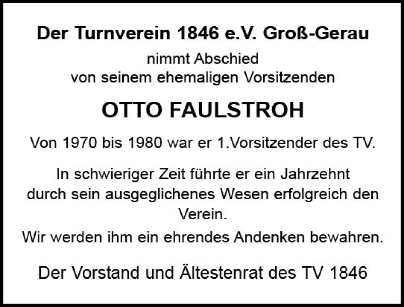  Traueranzeige für Otto Faulstroh vom 06.10.2017 aus Trauerportal Echo Online