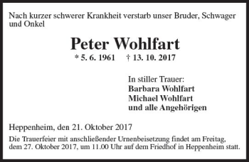 Traueranzeige von Peter Wohlfart von Trauerportal Echo Online