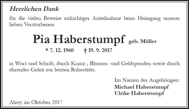  Traueranzeige für Pia Haberstumpf vom 07.10.2017 aus Trauerportal Rhein Main Presse