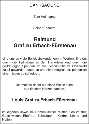 Traueranzeige von Raimund Graf zu Erbach-Fürstenau von Trauerportal Echo Online