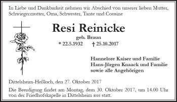 Traueranzeige von Resi Reinicke von Trauerportal Rhein Main Presse