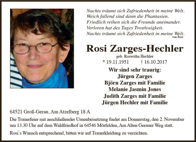  Traueranzeige für Rosi Zarges-Hechler vom 28.10.2017 aus Trauerportal Echo Online