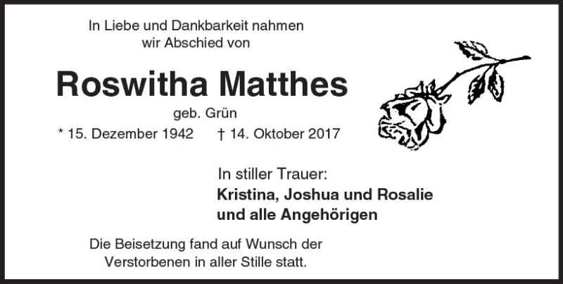  Traueranzeige für Roswitha Matthes vom 28.10.2017 aus Trauerportal Echo Online