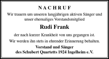 Traueranzeige von Rudi Frank von Trauerportal Rhein Main Presse