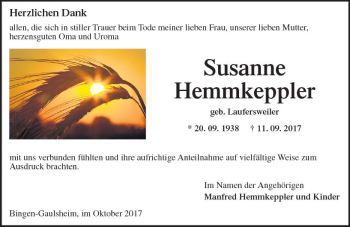 Traueranzeige von Susanne Hemmkeppler von Trauerportal Rhein Main Presse