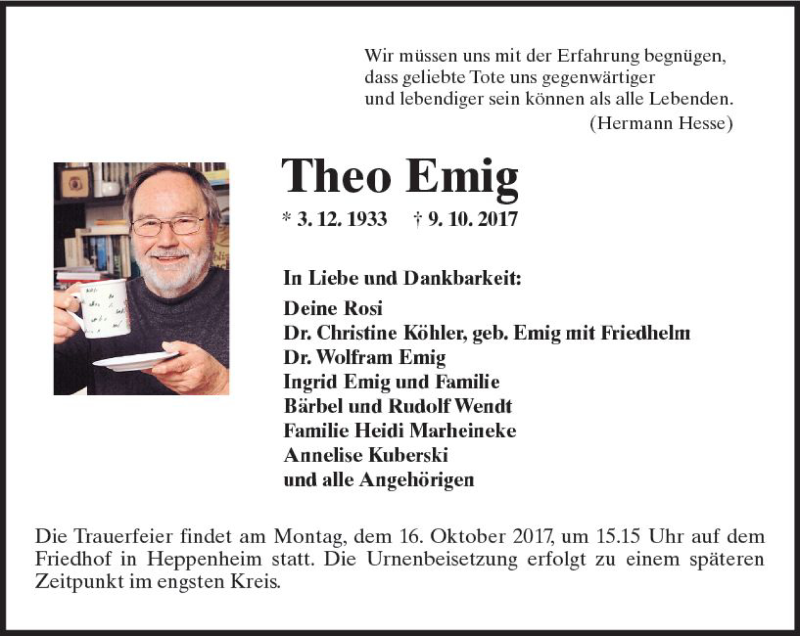 Traueranzeige für Theo Emig vom 14.10.2017 aus Trauerportal Echo Online