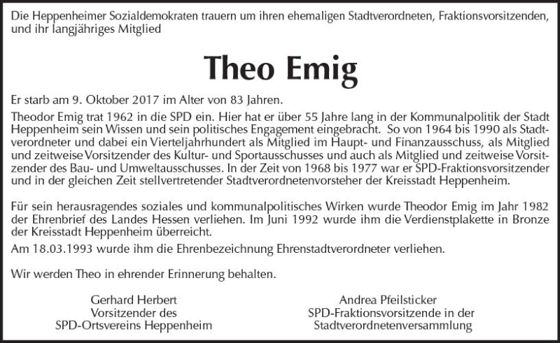  Traueranzeige für Theo Emig vom 14.10.2017 aus Trauerportal Echo Online