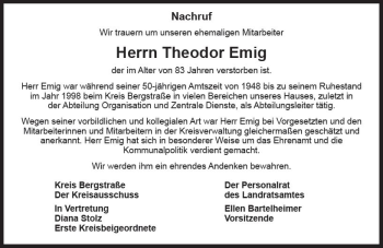 Traueranzeige von Theodor Emig von Trauerportal Echo Online