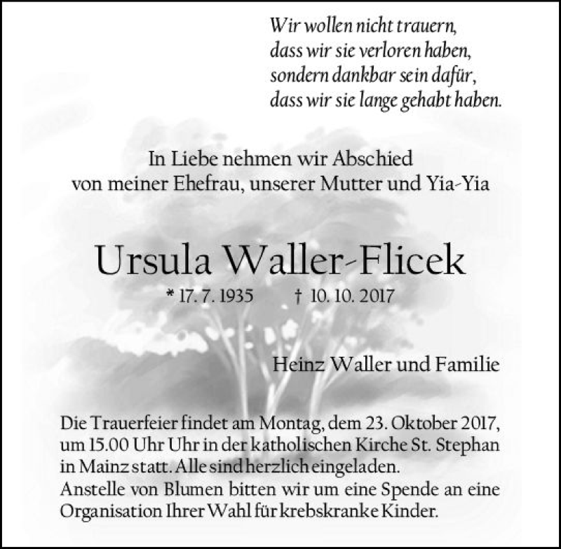  Traueranzeige für Ursula Waller-Flicek vom 14.10.2017 aus Trauerportal Rhein Main Presse