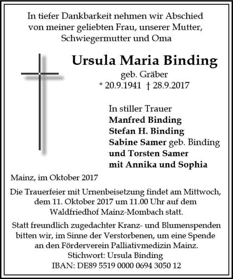  Traueranzeige für Ursula Maria Binding vom 07.10.2017 aus Trauerportal Rhein Main Presse