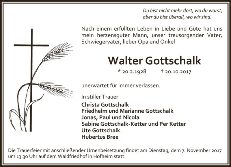  Traueranzeige für Walter Gottschalk vom 27.10.2017 aus Trauerportal Rhein Main Presse