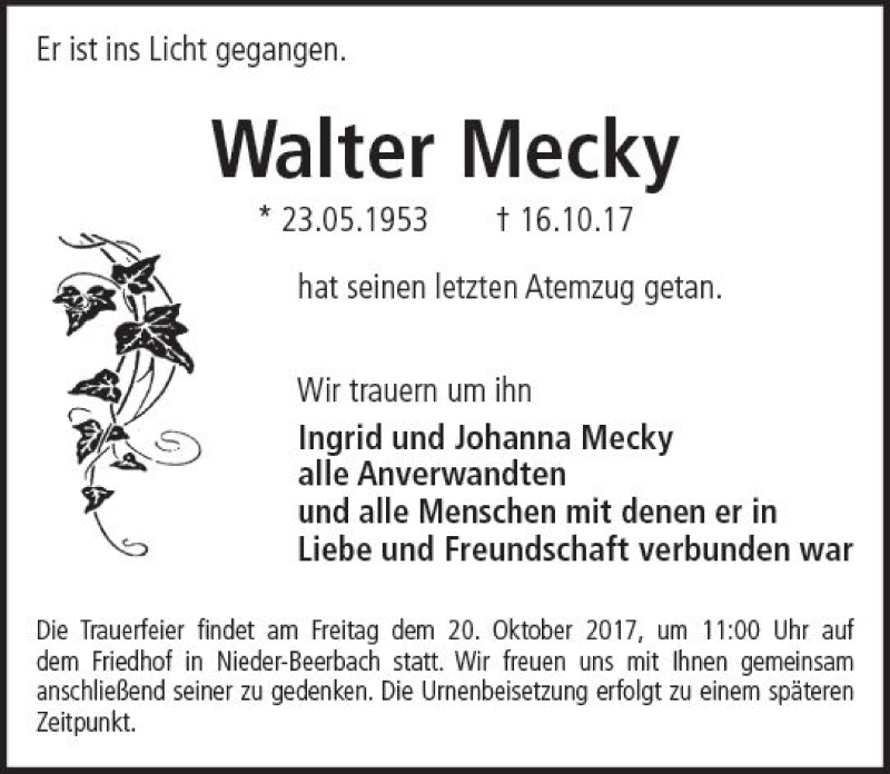  Traueranzeige für Walter Mecky vom 18.10.2017 aus Trauerportal Echo Online