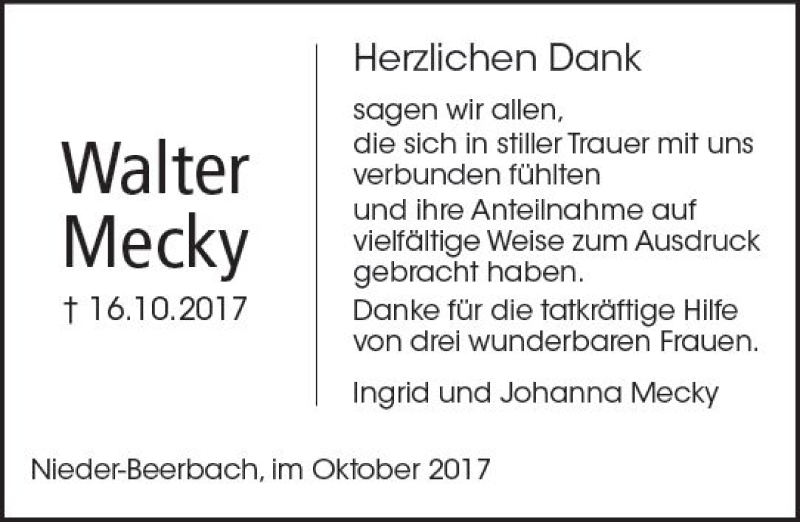  Traueranzeige für Walter Mecky vom 28.10.2017 aus Trauerportal Echo Online