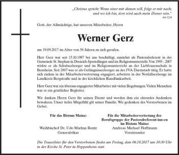 Traueranzeige von Werner Gerz von Trauerportal Echo Online
