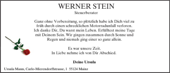 Traueranzeige von Werner Stein von Trauerportal Rhein Main Presse