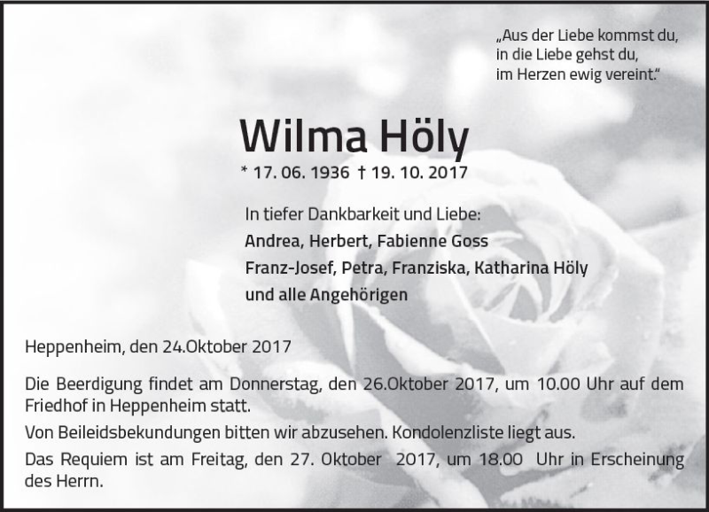  Traueranzeige für Wilma Höly vom 24.10.2017 aus Trauerportal Echo Online