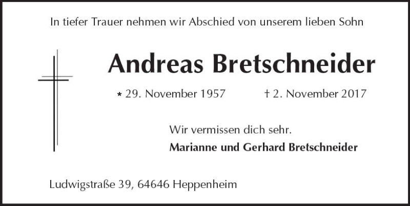  Traueranzeige für Andreas Breischneider vom 08.11.2017 aus Trauerportal Echo Online