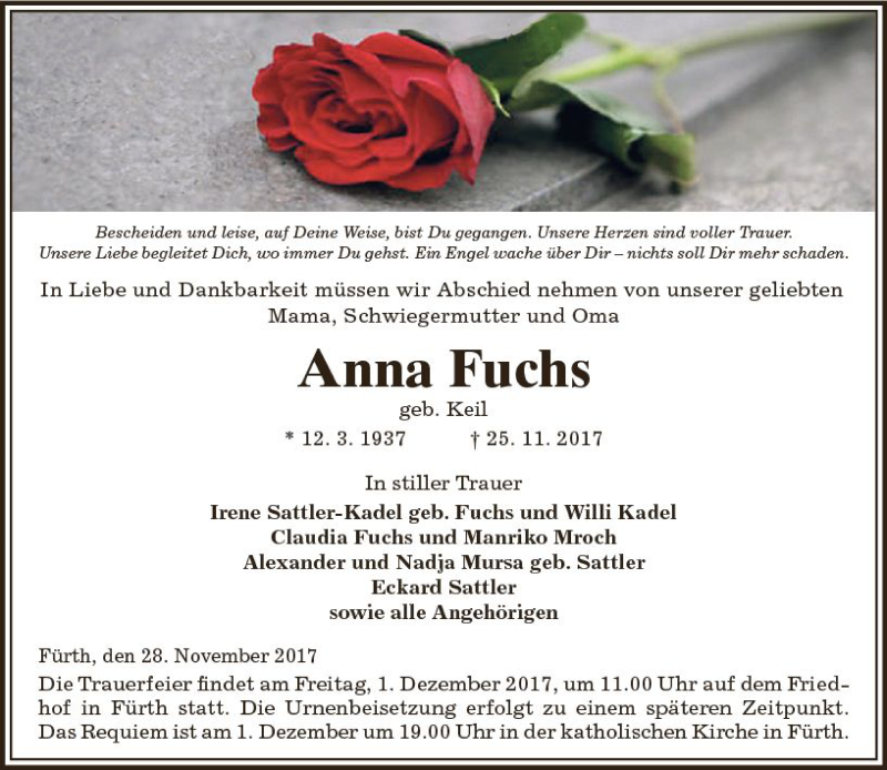  Traueranzeige für Anna Fuchs vom 28.11.2017 aus Trauerportal Echo Online