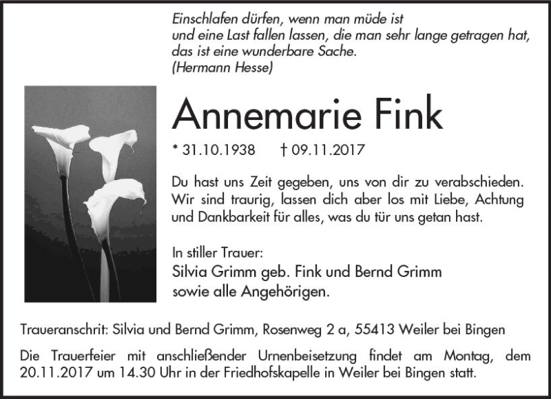  Traueranzeige für Annemarie Fink vom 18.11.2017 aus Trauerportal Rhein Main Presse