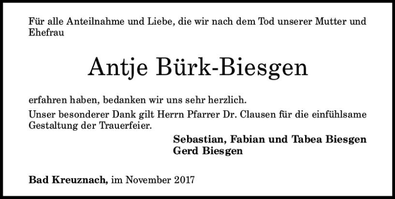  Traueranzeige für Antje Bürk-Biesgen vom 04.11.2017 aus Trauerportal Rhein Main Presse