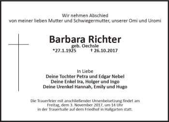 Traueranzeige von Barbara Richter von Trauerportal Rhein Main Presse