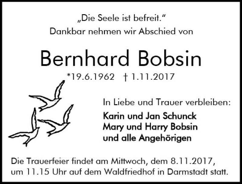  Traueranzeige für Bernhard Bobsin vom 04.11.2017 aus Trauerportal Echo Online