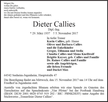 Traueranzeige von Dieter Callies von Trauerportal Echo Online