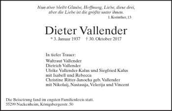 Traueranzeige von Dieter Vallender von Trauerportal Rhein Main Presse