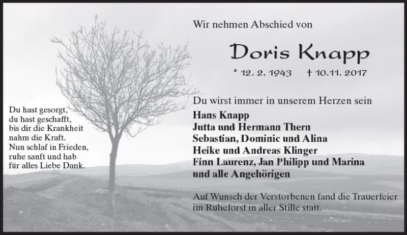  Traueranzeige für Doris Knapp vom 25.11.2017 aus Trauerportal Echo Online