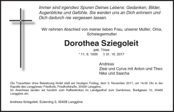 Traueranzeige von Dorothea Sziegoleit von  Gießener Anzeiger