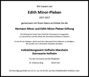 Traueranzeige von Edith Minor-Pleban von Trauerportal Rhein Main Presse