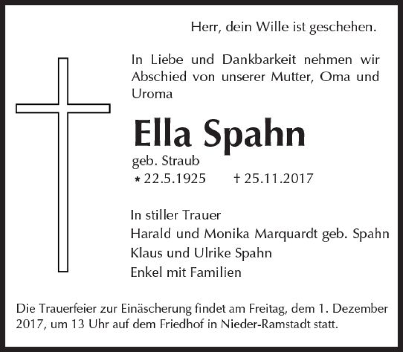  Traueranzeige für Ella Spahn vom 29.11.2017 aus Trauerportal Echo Online
