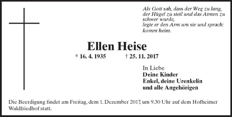  Traueranzeige für Ellen Heise vom 28.11.2017 aus Trauerportal Rhein Main Presse