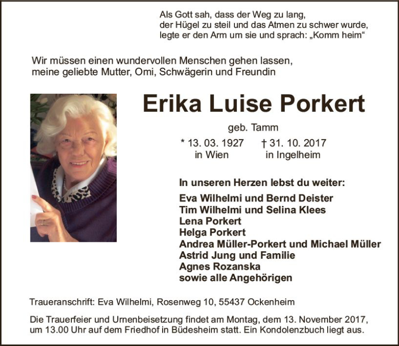  Traueranzeige für Erika Luise Porkert vom 04.11.2017 aus Trauerportal Rhein Main Presse