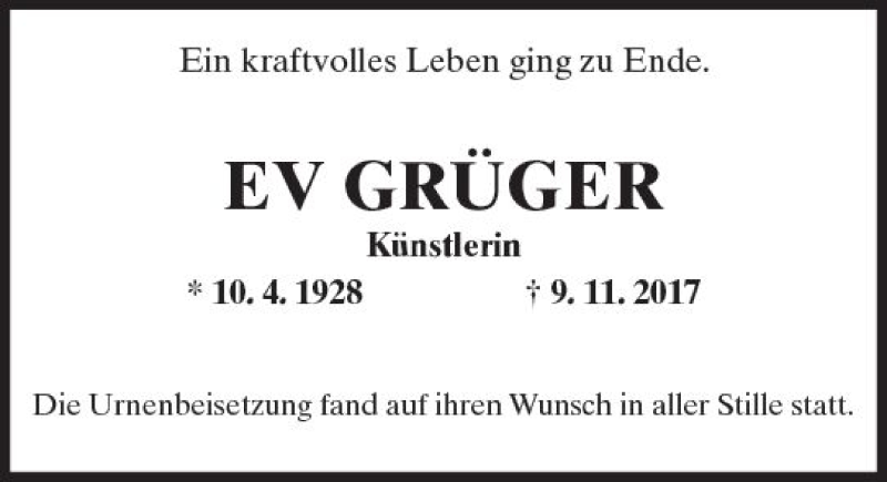  Traueranzeige für Ev Grüger vom 24.11.2017 aus Trauerportal Rhein Main Presse