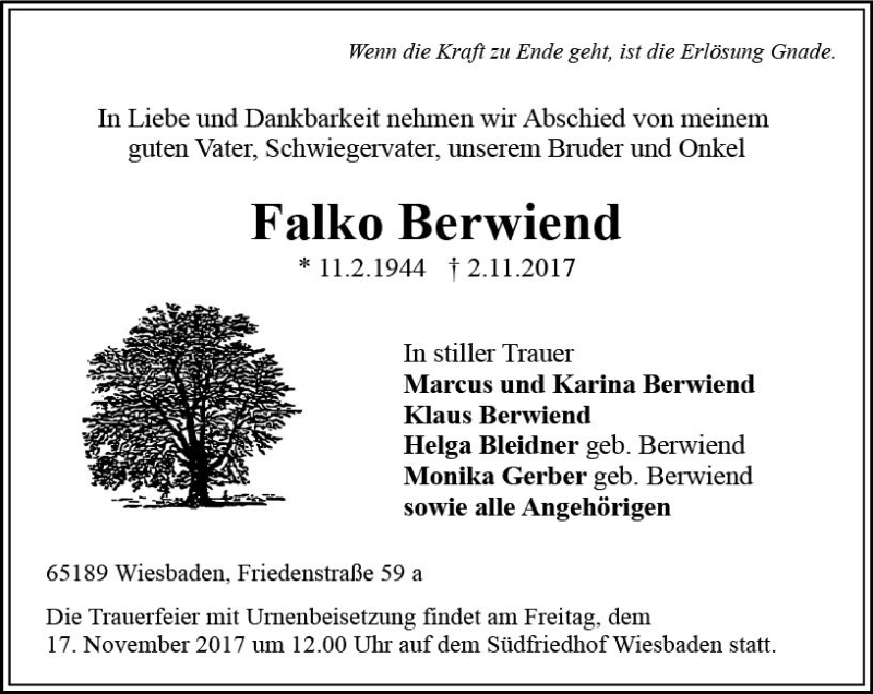  Traueranzeige für Falko Berwiend vom 11.11.2017 aus Trauerportal Rhein Main Presse