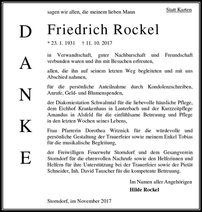  Traueranzeige für Friedrich Rockel vom 11.11.2017 aus VRM Trauer