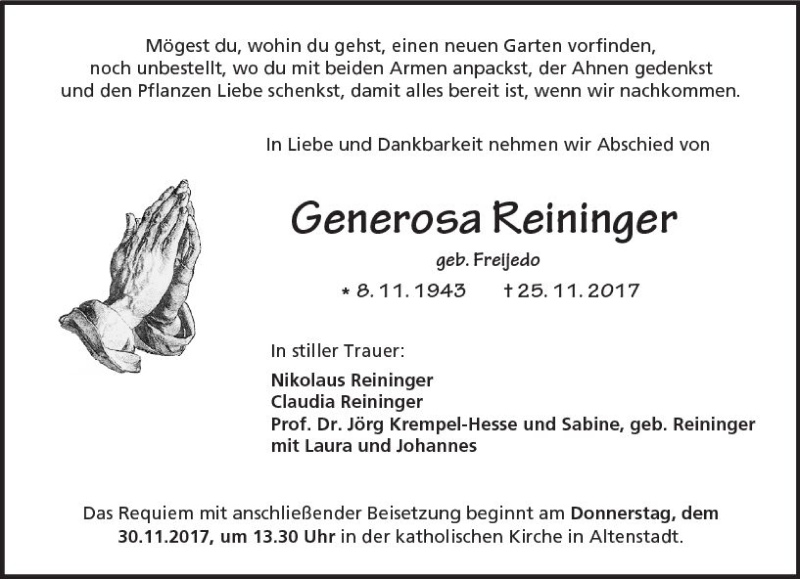  Traueranzeige für Generosa Reininger vom 28.11.2017 aus  Kreisanzeiger