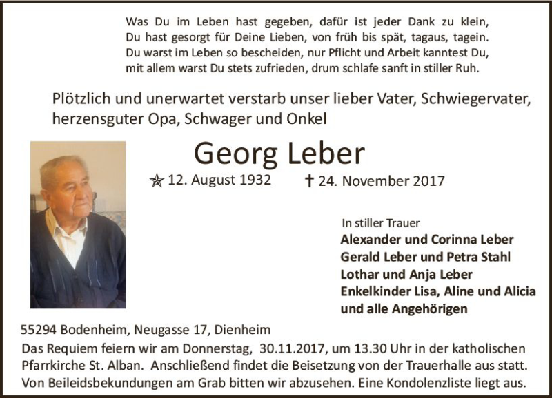  Traueranzeige für Georg Leber vom 28.11.2017 aus Trauerportal Rhein Main Presse